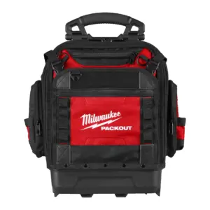 Mochila portaherramientas rígida estructural Milwaukee Pro PACKOUT con 42 bolsillos, base plástica moldeada y tirantes acolchados.