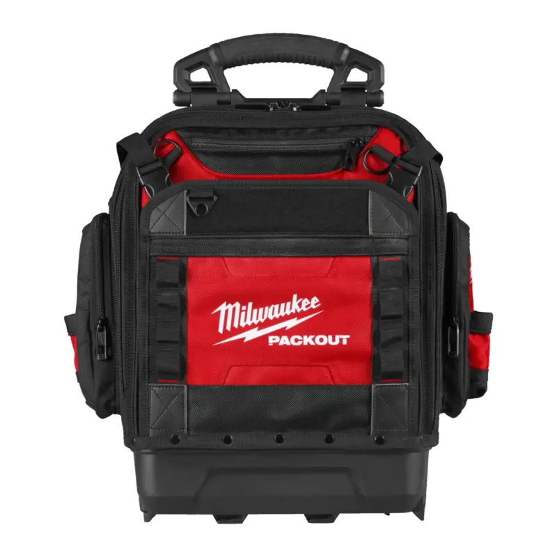 Mochila portaherramientas rígida estructural Milwaukee Pro PACKOUT con 42 bolsillos, base plástica moldeada y tirantes acolchados.
