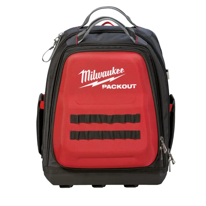 Mochila portaherramientas de nailon balístico Milwaukee PACKOUT Backpack con base rígida moldeada y 48 bolsillos organizadores.