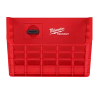 Cesta de rejilla metálica negra Milwaukee PACKOUT Wire Basket con guías plásticas de montaje trasero y estructura calada de alambre.