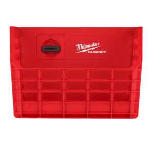 Cesta de rejilla metálica negra Milwaukee PACKOUT Wire Basket con guías plásticas de montaje trasero y estructura calada de alambre.