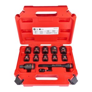 Juego de 13 vasos de impacto cortos Milwaukee de 1/2 pulgada con extensión y adaptador.