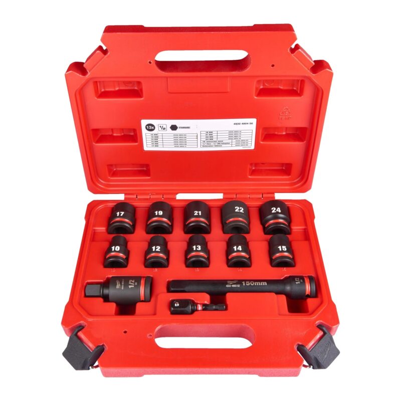 Juego de 13 vasos de impacto cortos Milwaukee de 1/2 pulgada con extensión y adaptador.