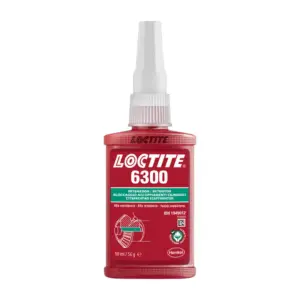 Botella roja de compuesto retenedor anaeróbico Loctite 6300 de 50 ml para uniones cilíndricas de alta resistencia.