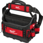 Bolsa portaherramientas vertical roja y negra Milwaukee PACKOUT Pro Tote de 38 cm con 39 bolsillos.