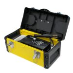 Kit soldador de plásticos Tecsolda PL 500GB en maletín amarillo con grapas y alicates.