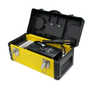 Kit soldador de plásticos Tecsolda PL 500GB en maletín amarillo con grapas y alicates.
